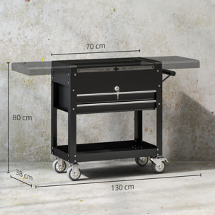 Carro de Herramientas con Ruedas, Carro de Taller Móvil con Tapa Deslizante, 2 Cajones con Cerradura, Bandeja, Caja de Herramientas de Acero, para Taller, Garaje, Negro