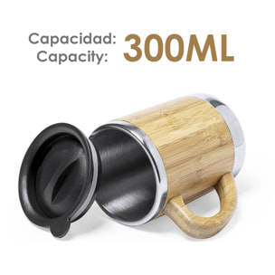 Vanatin taza Nature de 300ml. Cuerpo de bambú y acero inox de doble pared para mejor conservación de la temperatura. Con tapón dosificador.