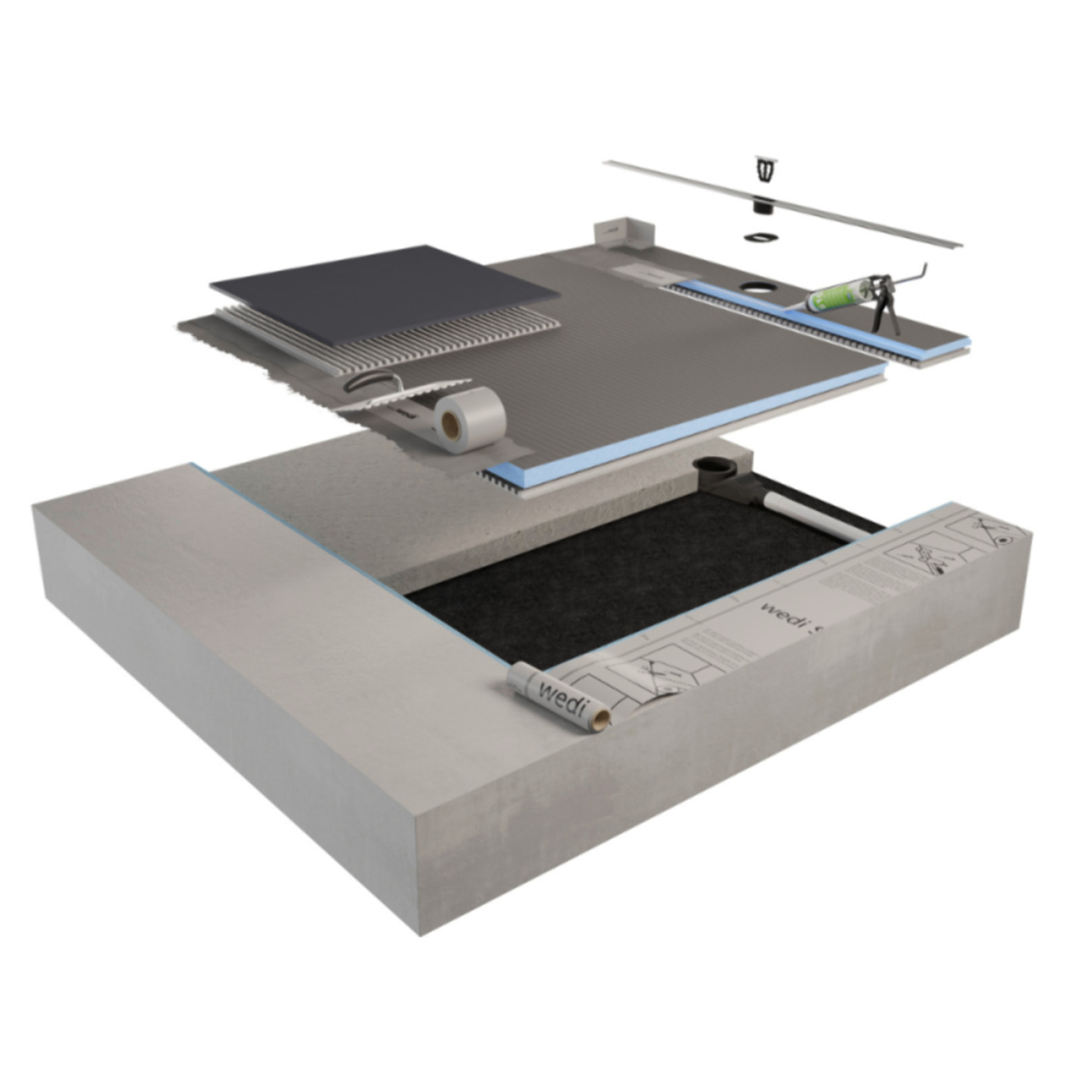 Pack receveur de douche pré-penté 104 x 120 x 3,8 cm WEDI Fundo Flex béton + bonde horizontale + écoulement linéaire + support