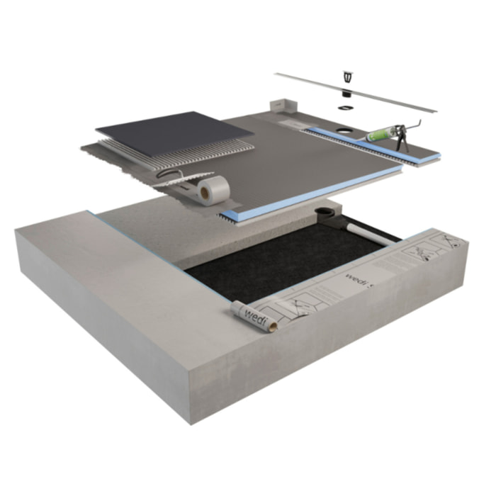 Pack receveur de douche pré-penté 104 x 120 x 3,8 cm WEDI Fundo Flex béton + bonde horizontale + écoulement linéaire + support