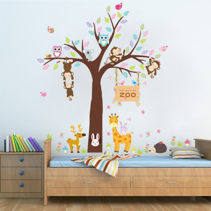 Stickers Muraux décoration adhésifs zoo arbre géant avec singes, hiboux et girafe