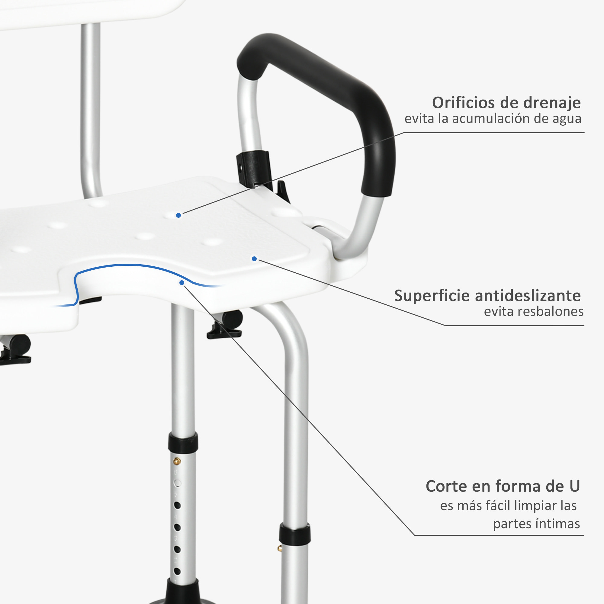 HOMCOM Silla para Ducha de Aleación de Aluminio Taburete de Baño Antideslizante con Altura Ajustable de 6 Niveles y Reposabrazos Regulable para Mayores 54x52x70-82 cm Blanco