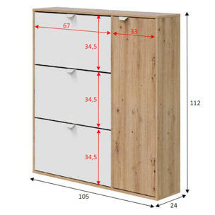 Scarpiera Tok, Scarpiera da ingresso a 4 ante, Armadio portascarpe salvaspazio, 105x24h112 cm, Bianco e Rovere