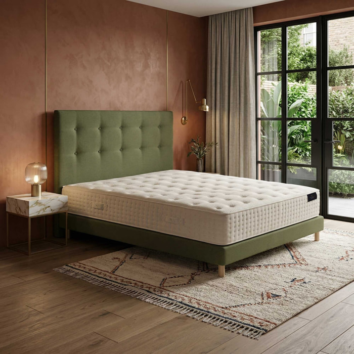 Ensemble matelas mousse haute résilience CALLISTO, H29 cm, accueil mémoire de forme, sommier et tête de lit vert