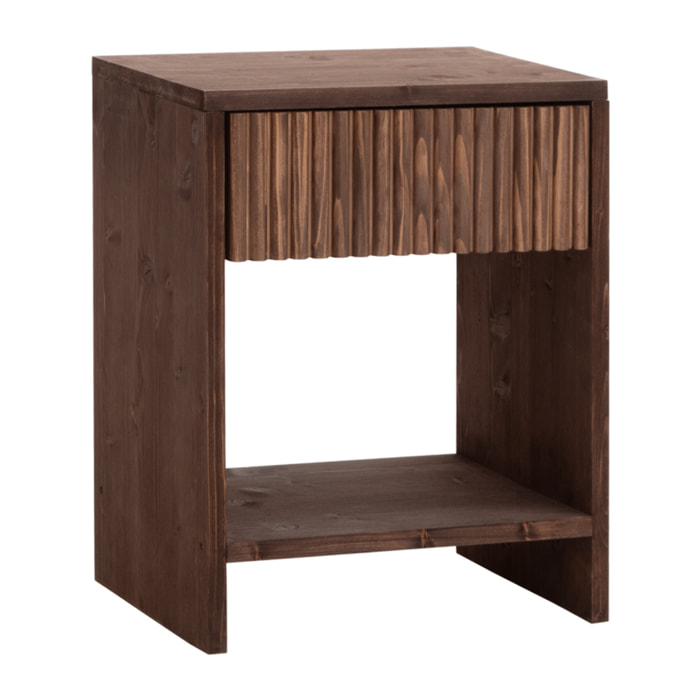 Mesita de noche de madera maciza con un cajón en tono nogal de varias medidas