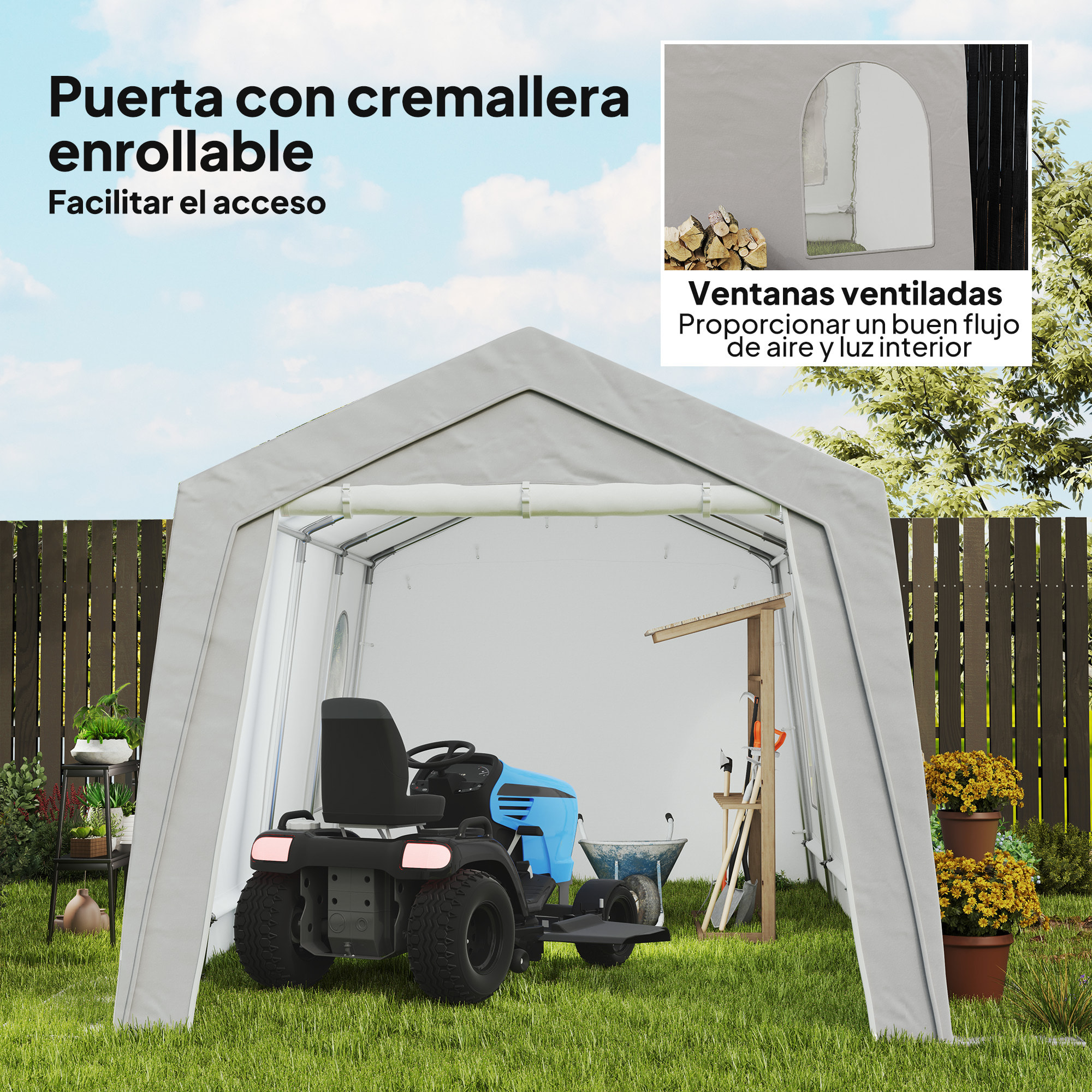 Cobertizo Jardín Exterior 300x597x257 cm Carpa con Puerta Enrollable con Cremallera Impermeable Tienda de Almacenamiento en Garaje Exterior para Motos Bicicletas Herramientas de Jardín Gris