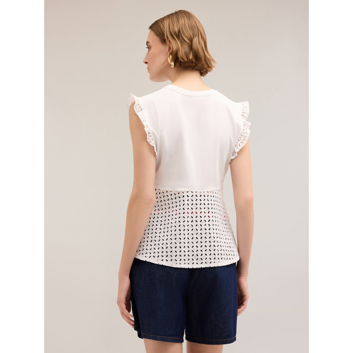 Motivi - T-shirt smanicata con inserto in sangallo - Bianco