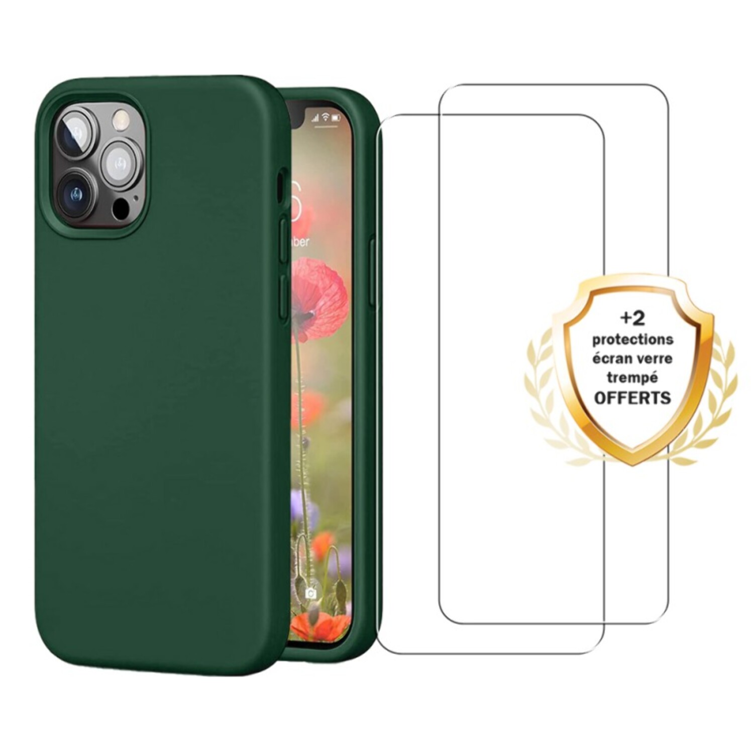 Coque iPhone 12 Pro Max Silicone liquide Vert Foret + 2 Vitres en Verre trempé Protection écran Antichocs