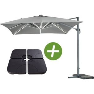Parasol jardin déporté LED Alu "Sun 3 Luxe" - Carré - 3 x 3 m - Coloris gris - Dalles lestées incluses