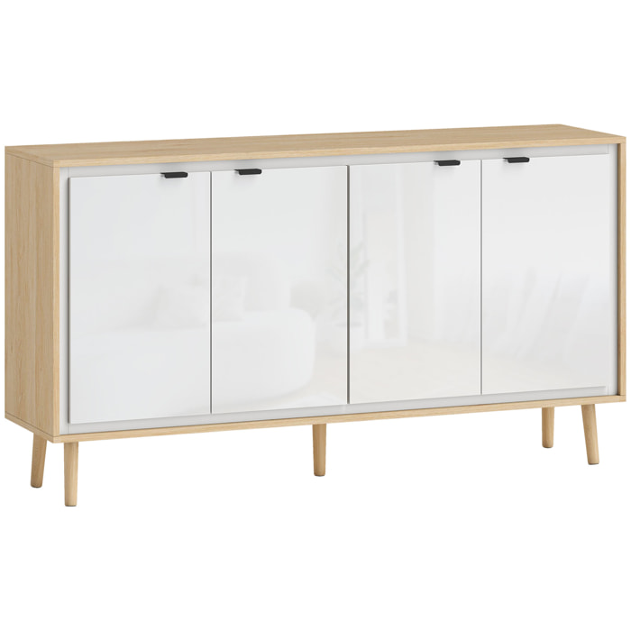 Buffet style nordique 4 portes 2 étagères façade blanc laqué effet bois clair