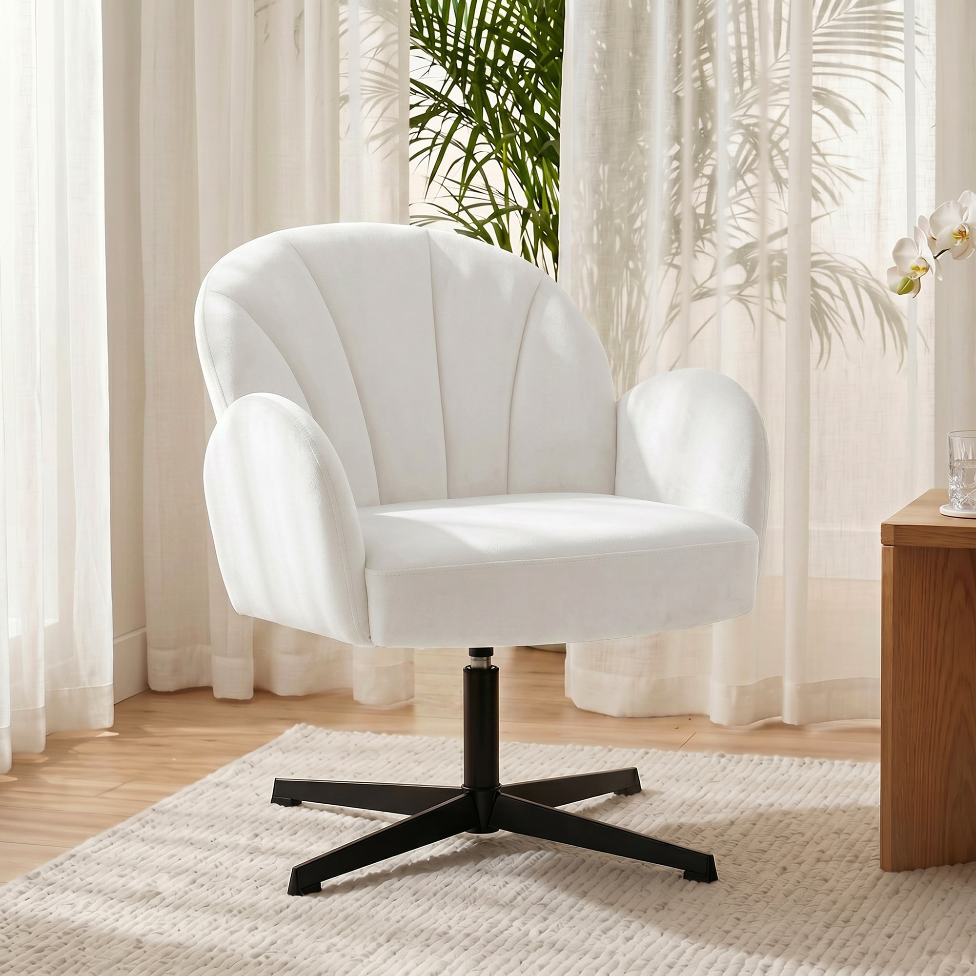Sillón de Salón Giratorio, Butaca de Salón Tapizada en Terciopelo con Respaldo en Forma de Concha, Cojín con Resortes, Base Cruzada, Sillón de Relax para Dormitorio, Oficina, Estudio, Crema