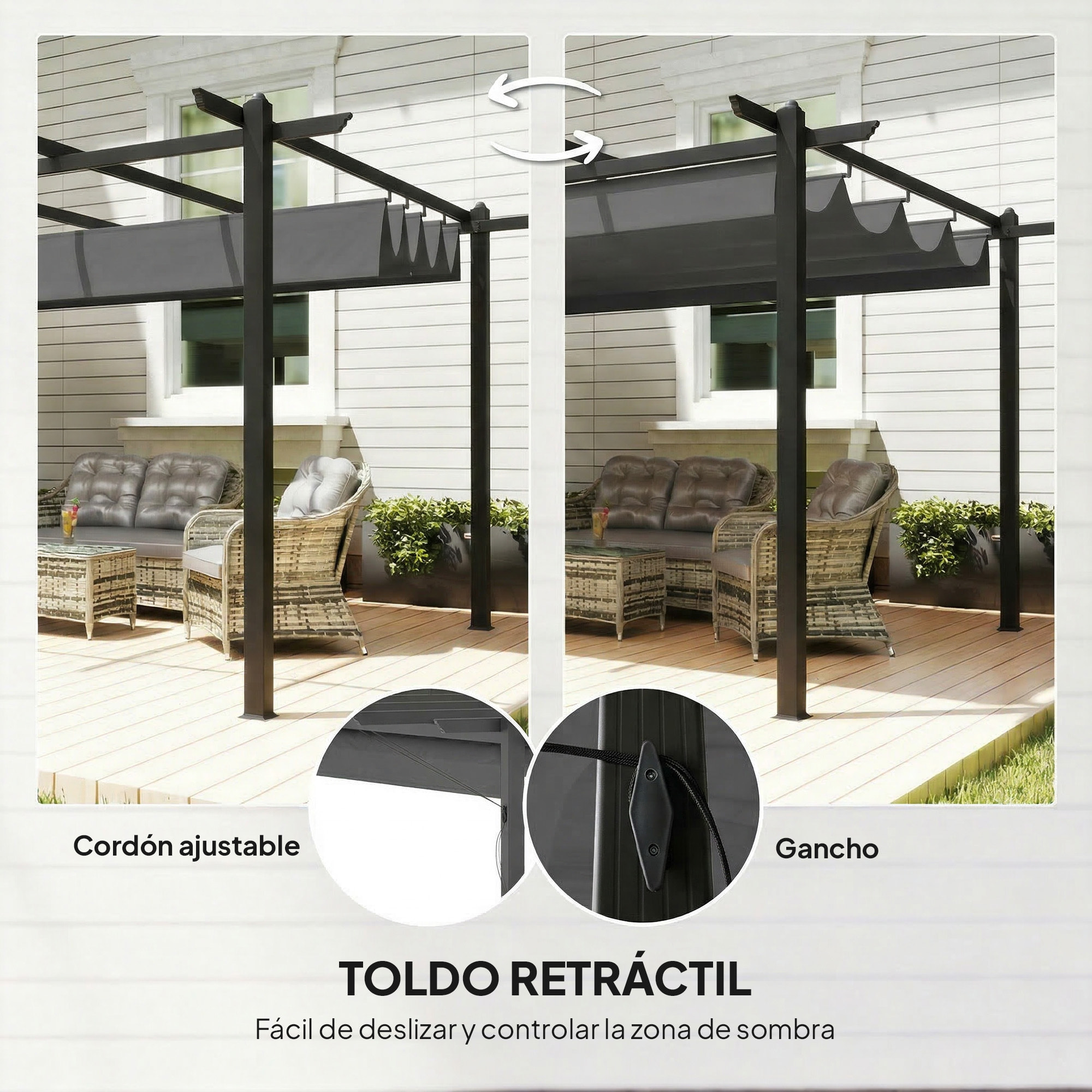 Pérgola de Jardín 4x3 m con Techo Retráctil, Cenador de Jardín con Estructura de Aluminio, UPF30+, Orificios de Drenaje, Pabellón para Exterior, Patio, Terraza, Gris