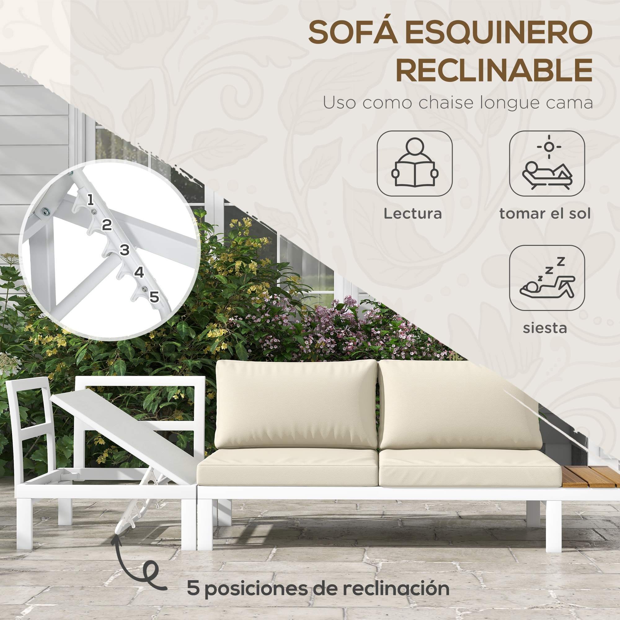 Conjunto de Muebles de Jardín Exterior 4 Piezas Juego de Muebles de Terraza Incluye 2 Sofás Dobles 1 Sofá Esquinero Reclinable y Mesa de Centro con Cojines para Patio Crema