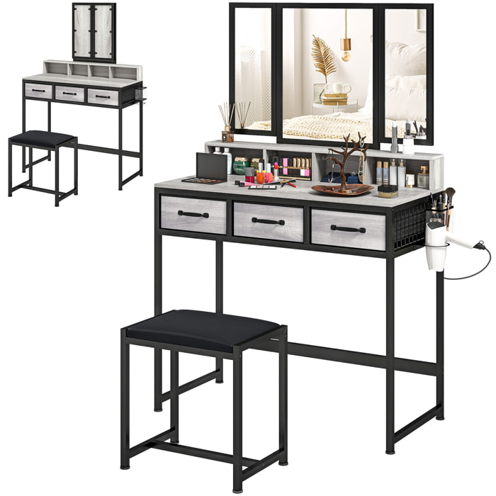 Tocador de Maquillaje con Espejo Tríptico Desmontable, Tocador con Taburete, 3 Cajones de Tela, Estantes, Soporte para Secador de Pelo, Cesta Metálica, para Dormitorio, Vestidor, Gris