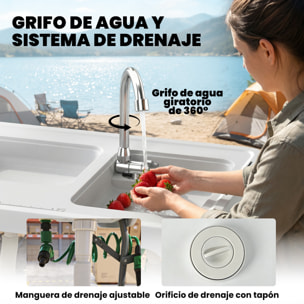 Mesa de Limpieza de Pescado Portátil, Mesa Plegable Camping con 2 Fregaderos, Grifo, Manguera, Estante Lateral, Rejilla, Cajón, Cesta, Regla, Ranuras, Estación de Limpieza para Pesca Barbacoa