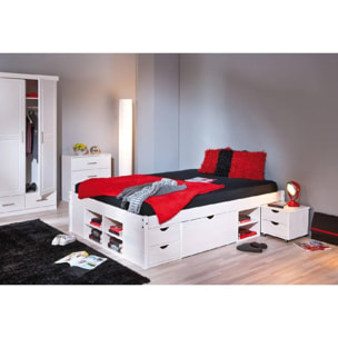 Letto matrimoniale con vani contenitore e comodino incluso con ruote, colore bianco, cm 166.5 x 47.5 x 209