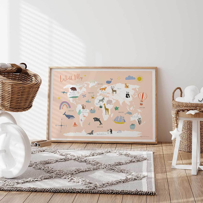 Affiche enfant exploration  Affiche + cadre en bois - Chêne