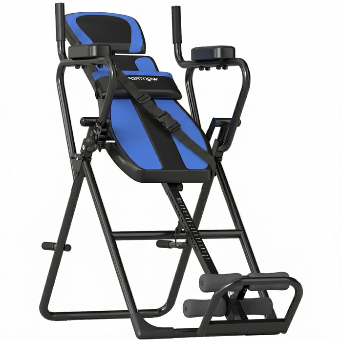 Tabla de Inversión Plegable 3 en 1 con Dominadas y Flexiones Reposacabezas Altura Ajustable 155-198 cm Ángulos 20° 40° 60° Banco de Inversión con Soporte Lumbar Tobillo Bloqueo Cinturón Azul