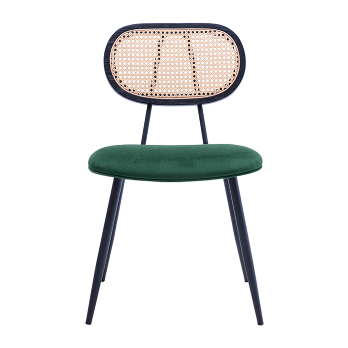Chaises design en tissu velours vert foncé, métal noir et cannage rotin (lot de 2) SWANN