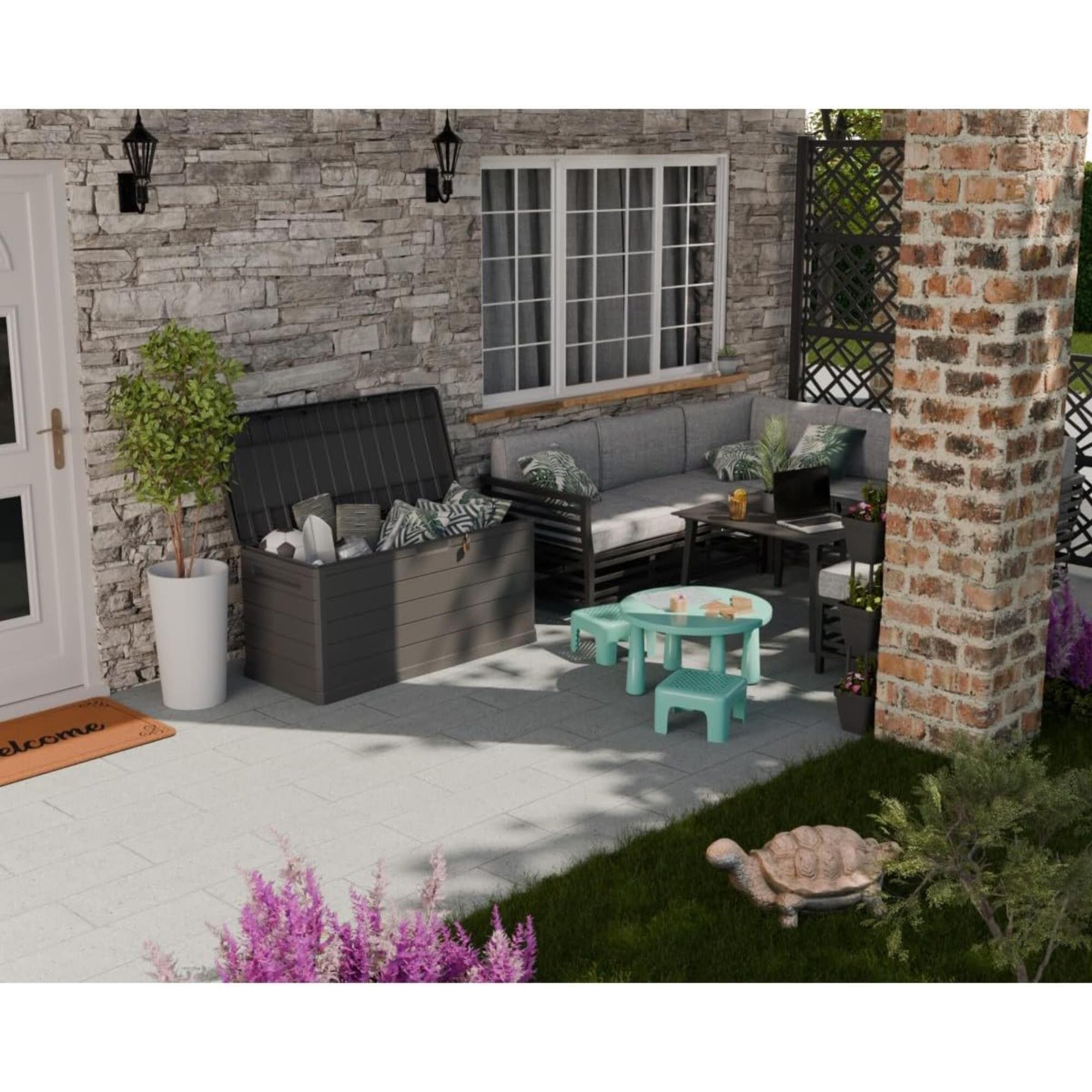 Baúl para exterior de 350L con cerradura, en color Gris oscuro y resistente al agua - 118,5x52x56,8cm