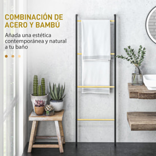 Toallero de 4 Niveles Toallero Escalera Apoyado en la Pared Toallero de Baño con 4 Barras de Bambú y Marco de Acero 49x5,5x167,5 cm Negro y Natural