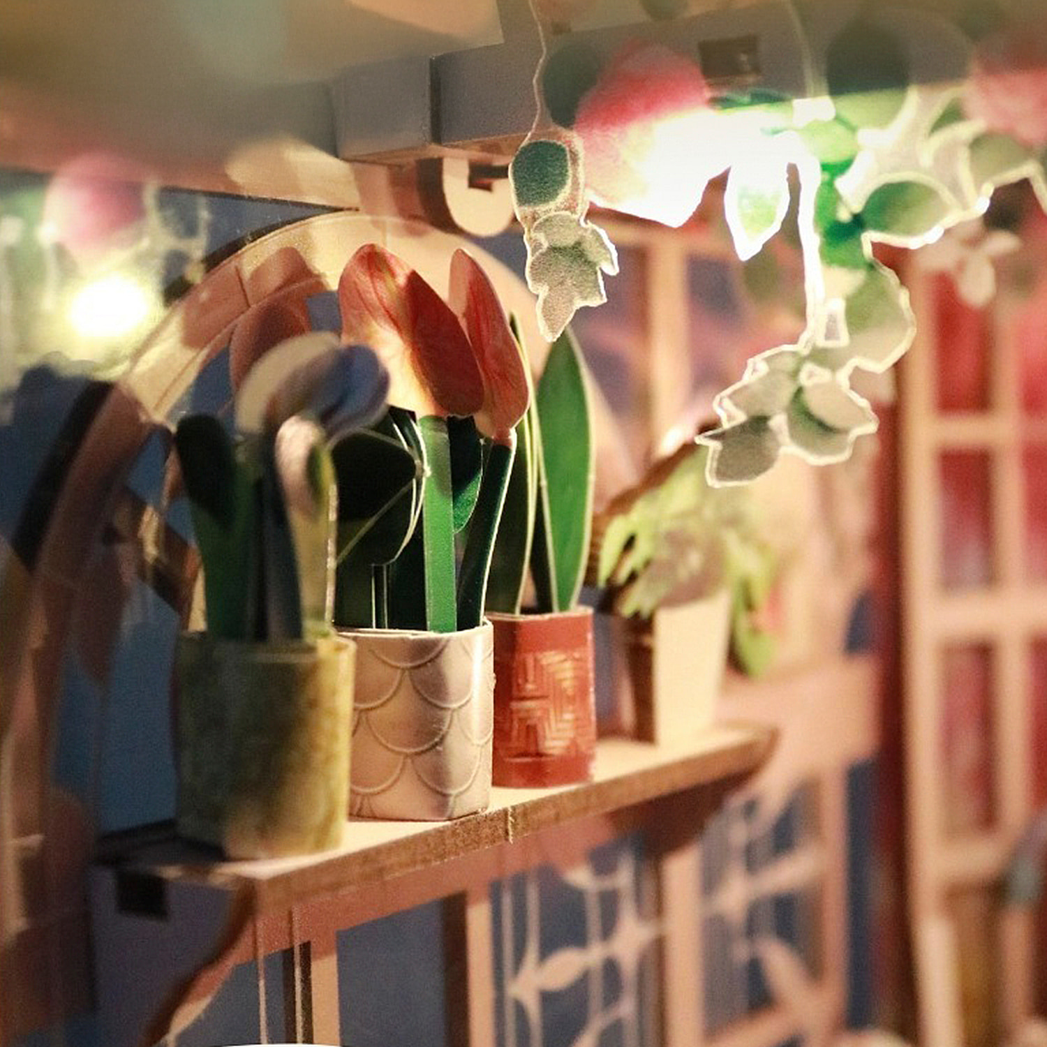 Estudio en el jardín. Book Nook de madera, diseño 3D realista con gran detalle, cubierta y luces led.