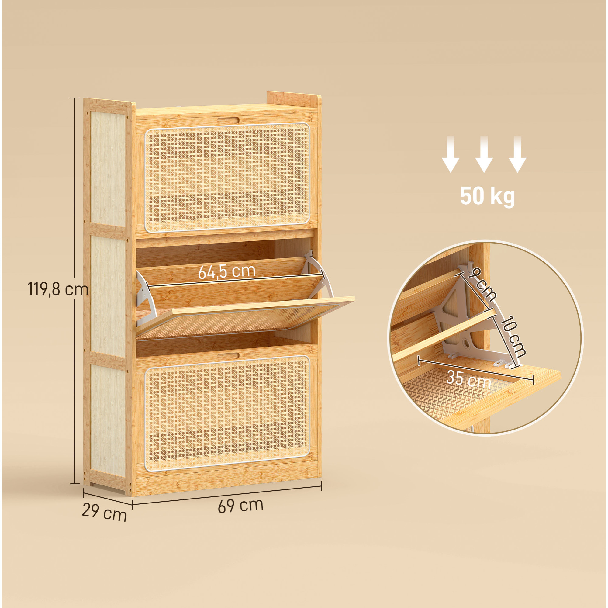 Zapatero Estrecho de Bambú con 3 Cajones Abatibles de Ratán, Mueble Zapatero Bohemio con Estantes Ajustables, para 18-21 Pares de Zapatos, para Pasillos, Entradas, 69x29x119,8 cm, Natural
