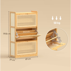 Zapatero Estrecho de Bambú con 3 Cajones Abatibles de Ratán, Mueble Zapatero Bohemio con Estantes Ajustables, para 18-21 Pares de Zapatos, para Pasillos, Entradas, 69x29x119,8 cm, Natural