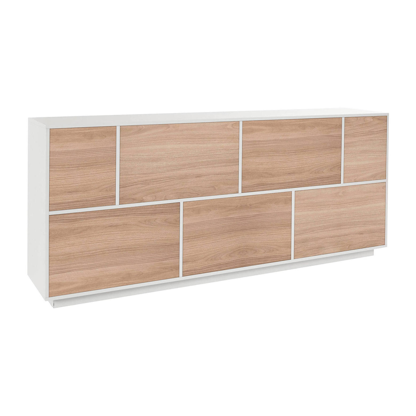 Credenza Virginio, Madia da cucina a 7 ante, Buffet da soggiorno, 100% Made in Italy, cm 200x41h86, Bianco lucido e Noce