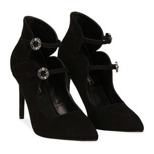 Zapato de tacón negras de microfibra con doble correa, tacón 10 cm