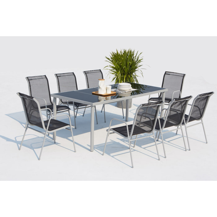 Table de jardin et 8 chaises en acier et toile PVC gris ATIMA