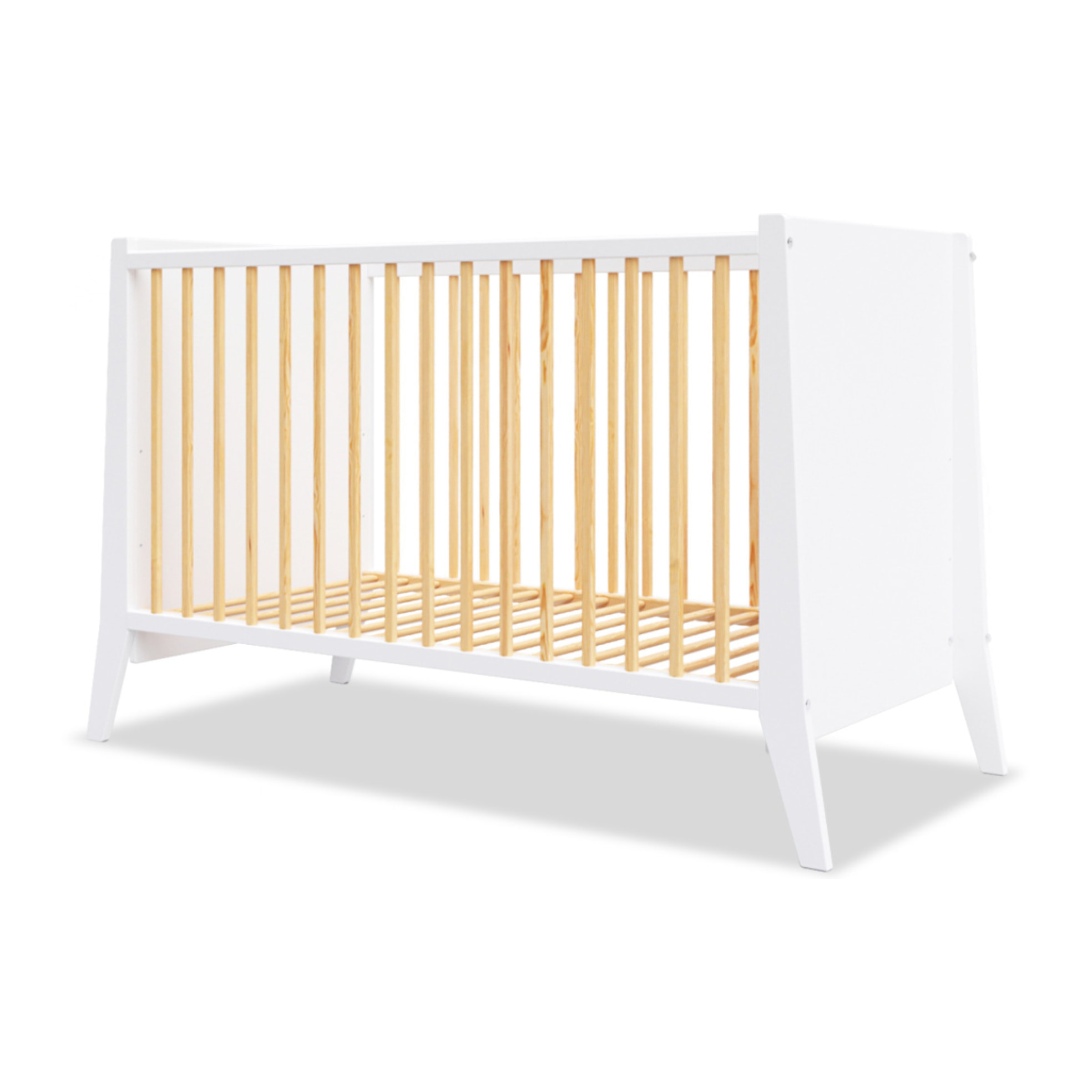 Lit Evolutif Timéo à barreaux 60 x 120 cm, Couleur Blanc & Bois, En Bois, 3 Hauteurs, Barreaux amovibles