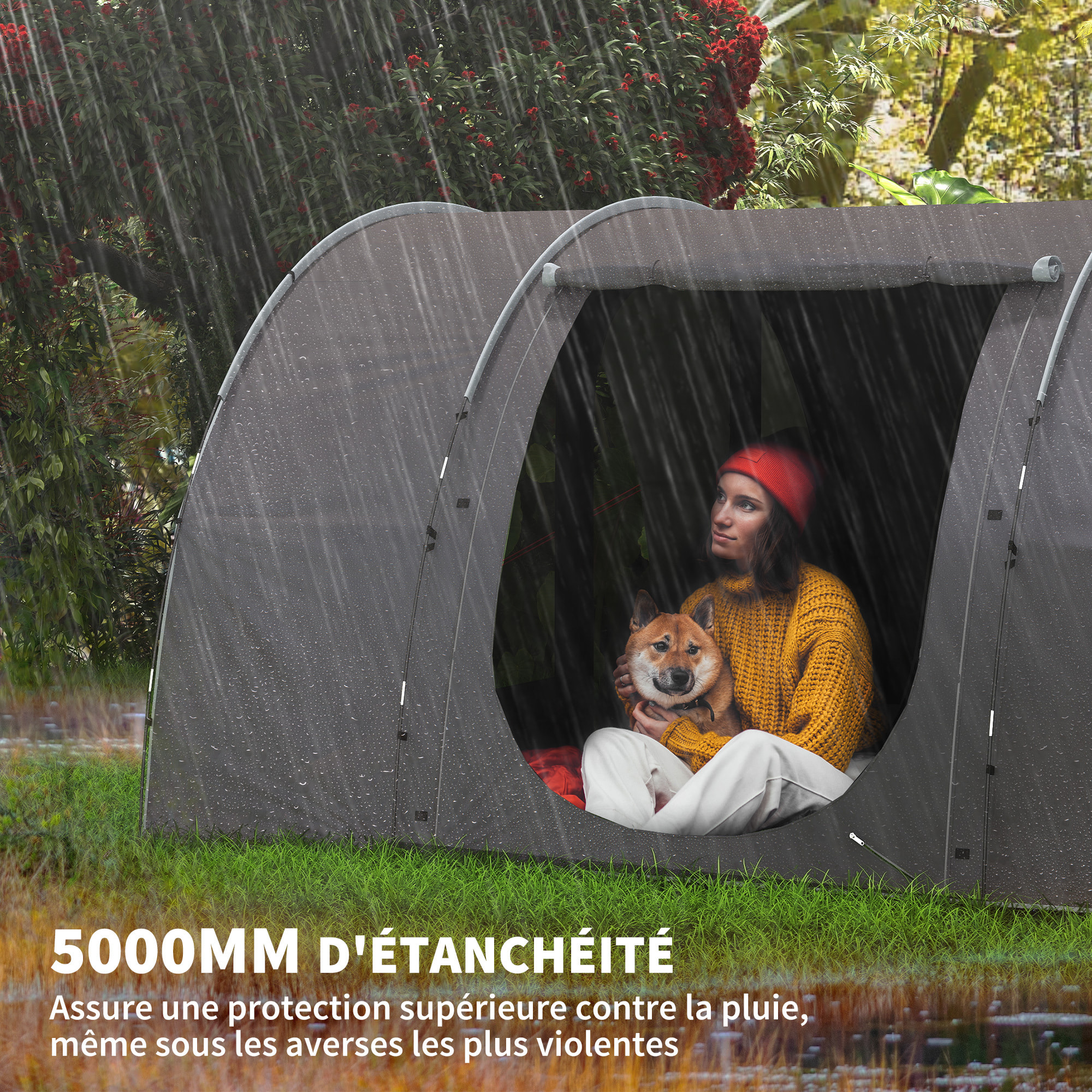 Tente camping 6 places - tente tunnel familiale - imperméabilité 5000mm - dim. 4,6 x 3,2 x 1,9 m - sac inclus - gris
