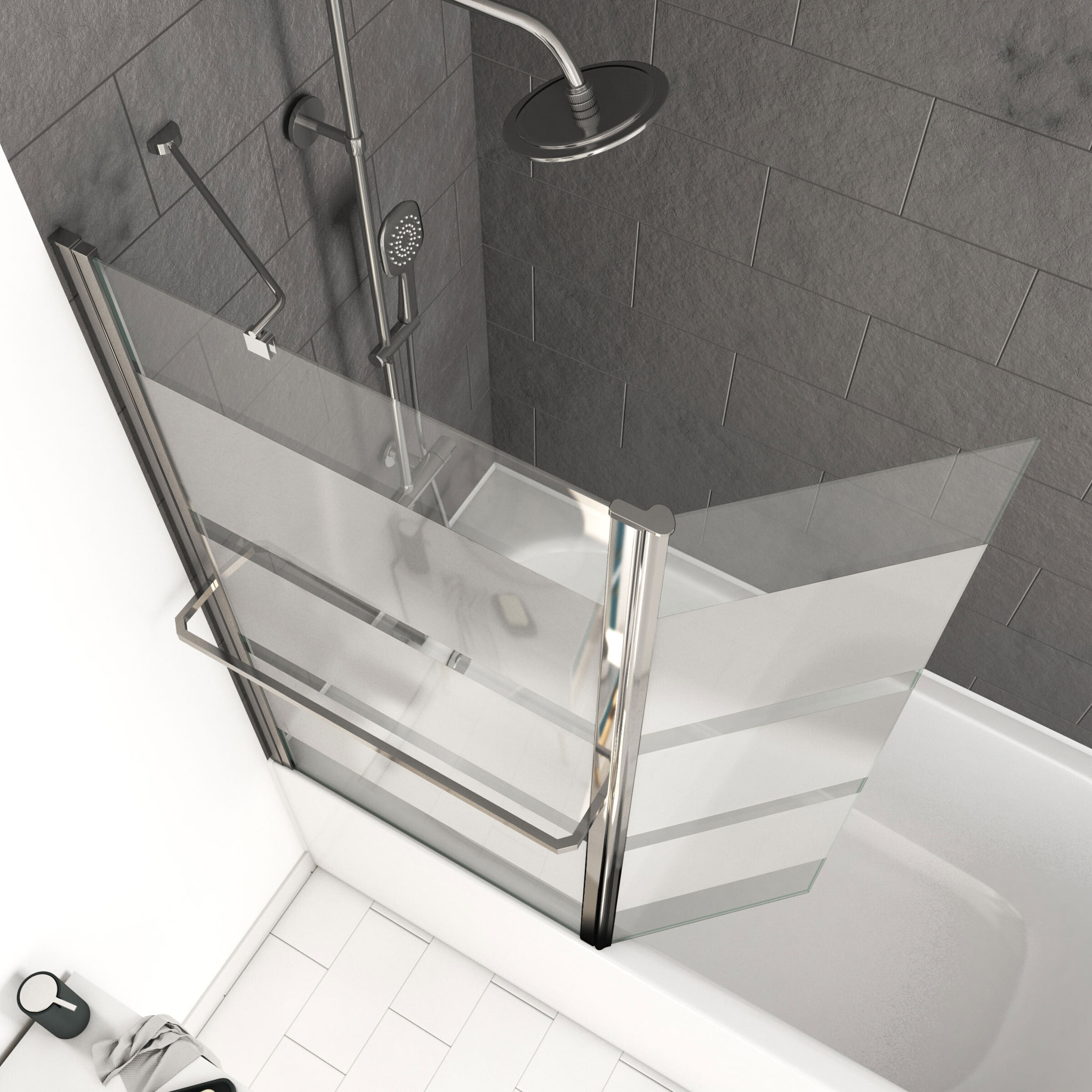 Pare baignoire + volet pivotant 130x105- Profile aluminium chrome et verre transparent bande depolie