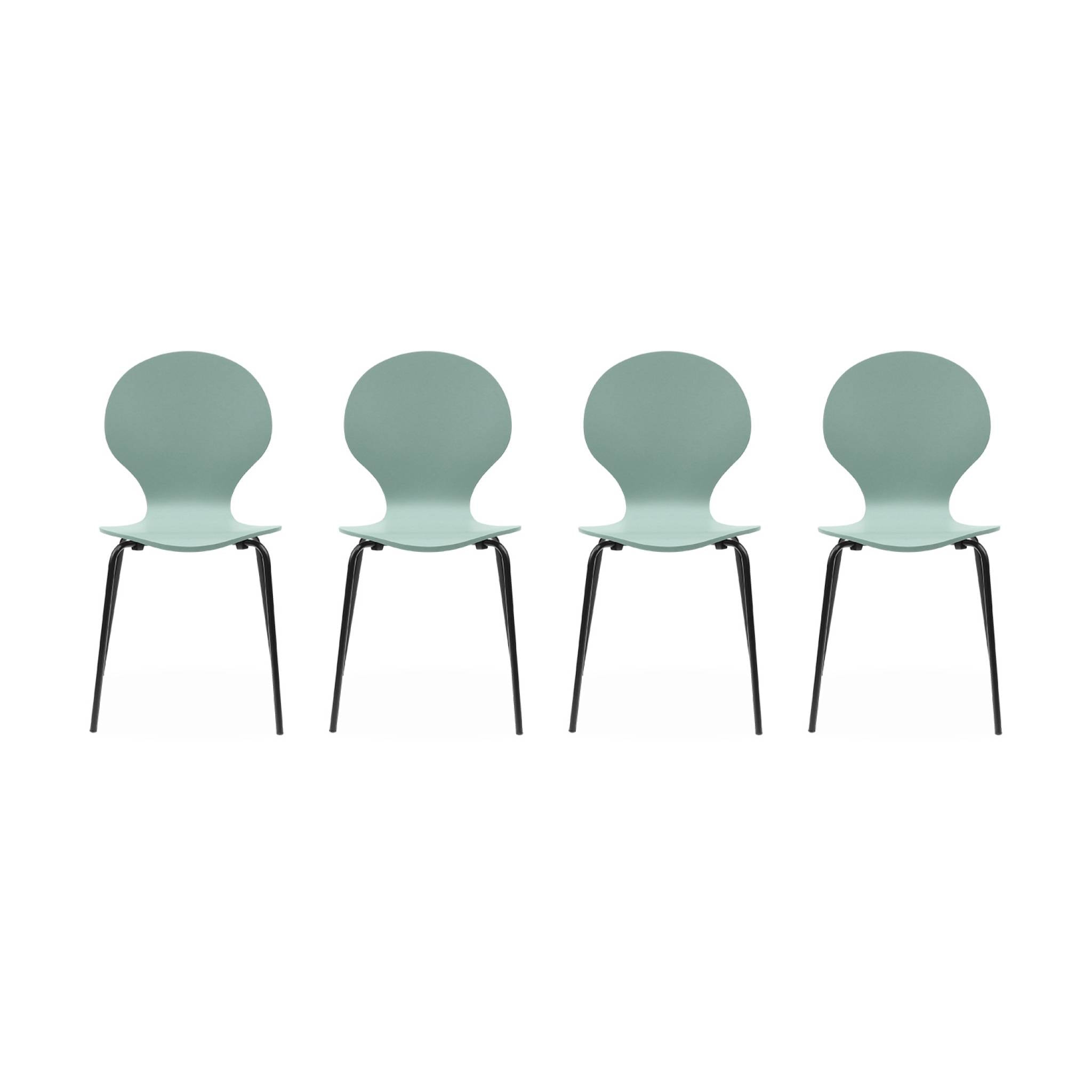 Lot de 4 chaises vert céladon. rétro empilables. bois d'hévéa et contreplaqué. pieds en acier. Naomi. L 43 x P 48 x H 87cm