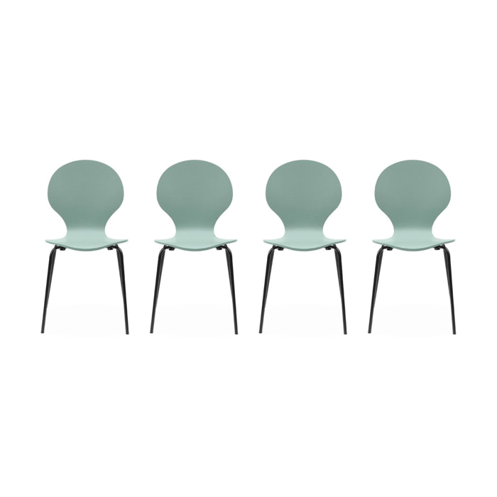Lot de 4 chaises vert céladon. rétro empilables. bois d'hévéa et contreplaqué. pieds en acier. Naomi. L 43 x P 48 x H 87cm