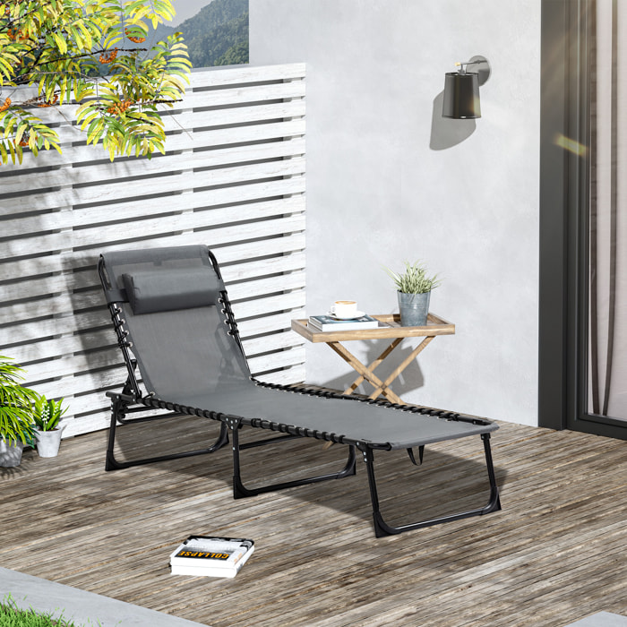 Tumbona Plegable Tumbona Jardín Exterior con Respaldo Ajustable Reposacabezas Acolchado Bolsillo Lateral y Estructura de Acero 185x58x30 cm Gris