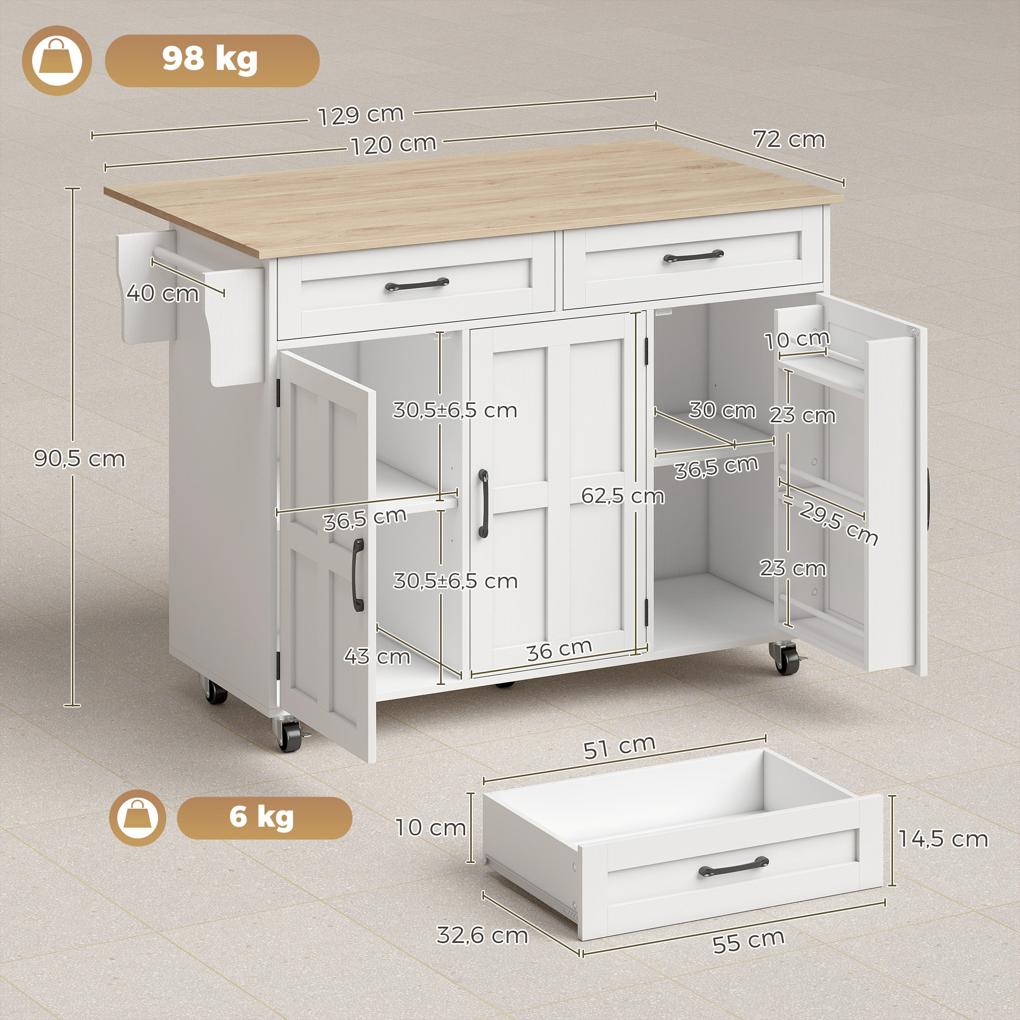 Isla de Cocina con Encimera Extensible, Carro de Cocina con Ruedas, 2 Cajones, 3 Armarios, Estantes en la Puerta, Toallero y Estantes Ajustables, para Comedor, Blanco