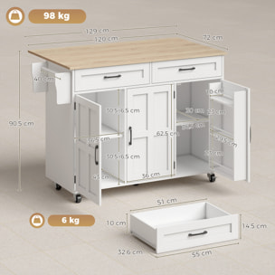 Isla de Cocina con Encimera Extensible, Carro de Cocina con Ruedas, 2 Cajones, 3 Armarios, Estantes en la Puerta, Toallero y Estantes Ajustables, para Comedor, Blanco