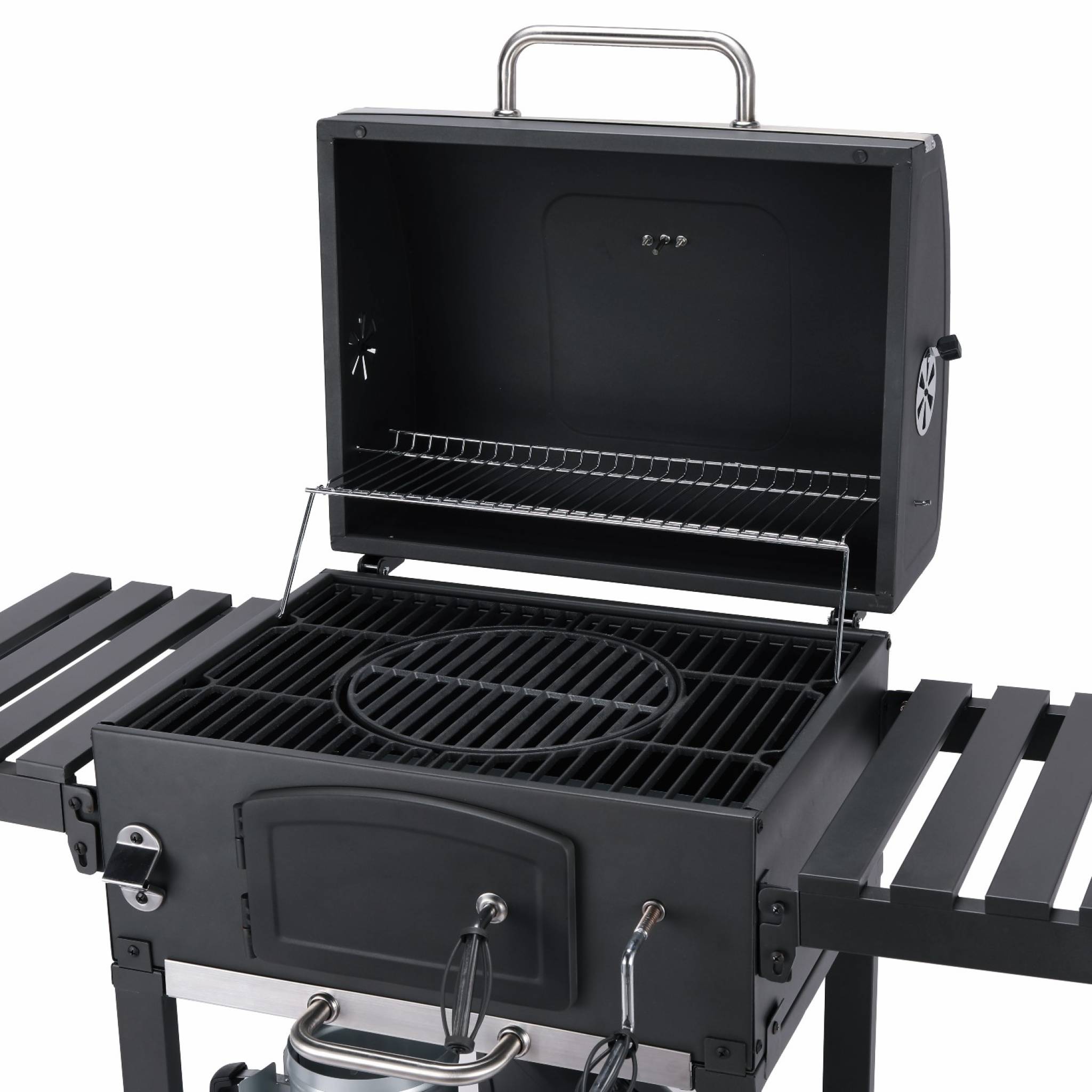 Barbecue Grill charbon de bois noir - Fumoir avec récupérateur de cendres. aérateurs. bac charbon ajustable et tablettes rabattables