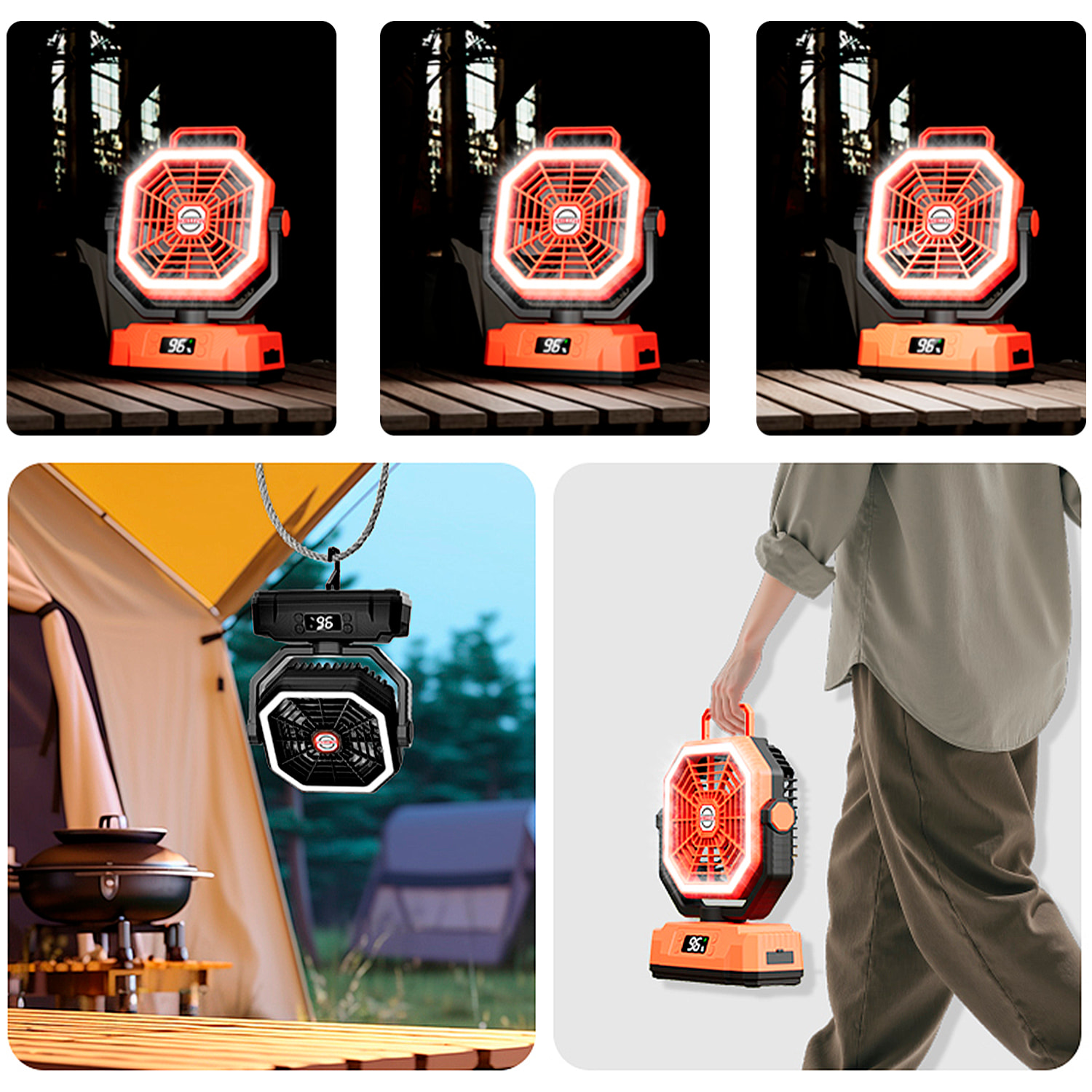 Ventilatore P60 con motore senza spazzole, LED con 32 luci, 5 velocità e 3 livelli di luce. Oscillazione di 120º e angolo regolabile di 90º. Con gancio per appendere e powerbank da 20000 mAh.