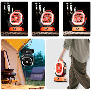 Ventilatore P60 con motore senza spazzole, LED con 32 luci, 5 velocità e 3 livelli di luce. Oscillazione di 120º e angolo regolabile di 90º. Con gancio per appendere e powerbank da 20000 mAh.