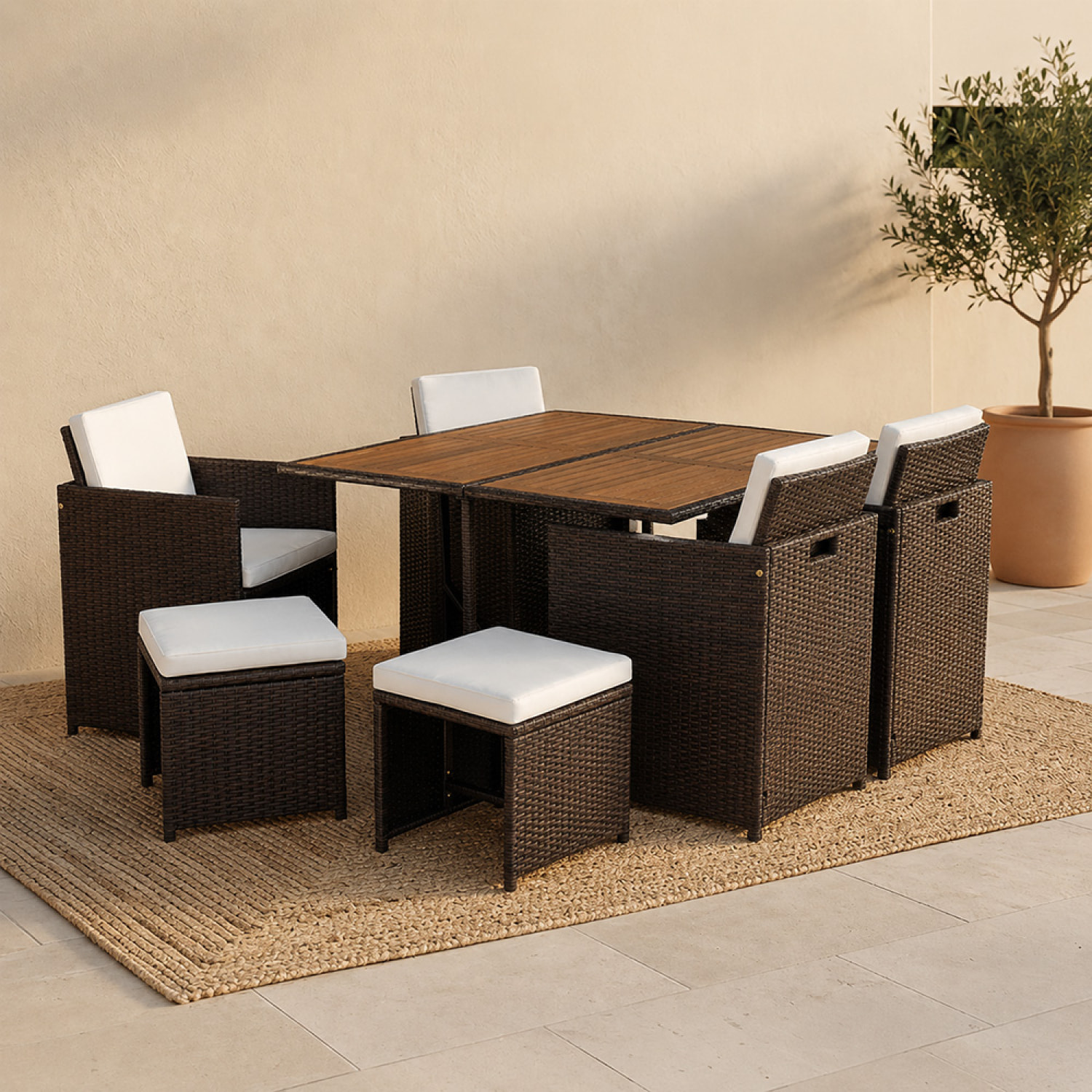 Salon de jardin 8 pl en résine marron et coussins beige + housse CASCO