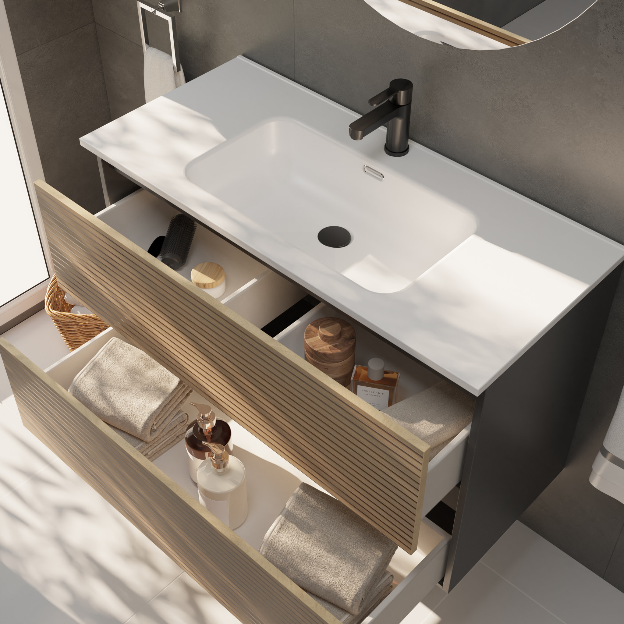 CONJUNTO DE BAÑO YINU | 100 CM NEGRO - SOLOMON | DOS CAJONES | LAVABO ENCASTRADO | NO INCLUYE ESPEJO | ALDAY