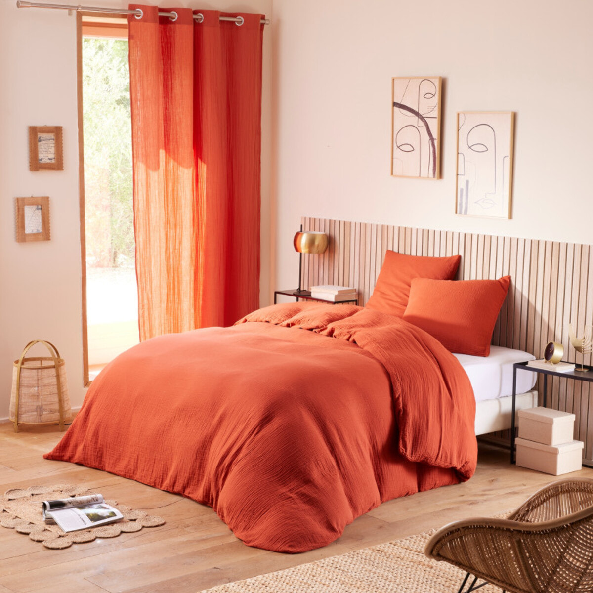 Parure de draps 4 pièces "Noah" Gaze de Coton pour lit 2 Places 140 cm - Noah Terracotta