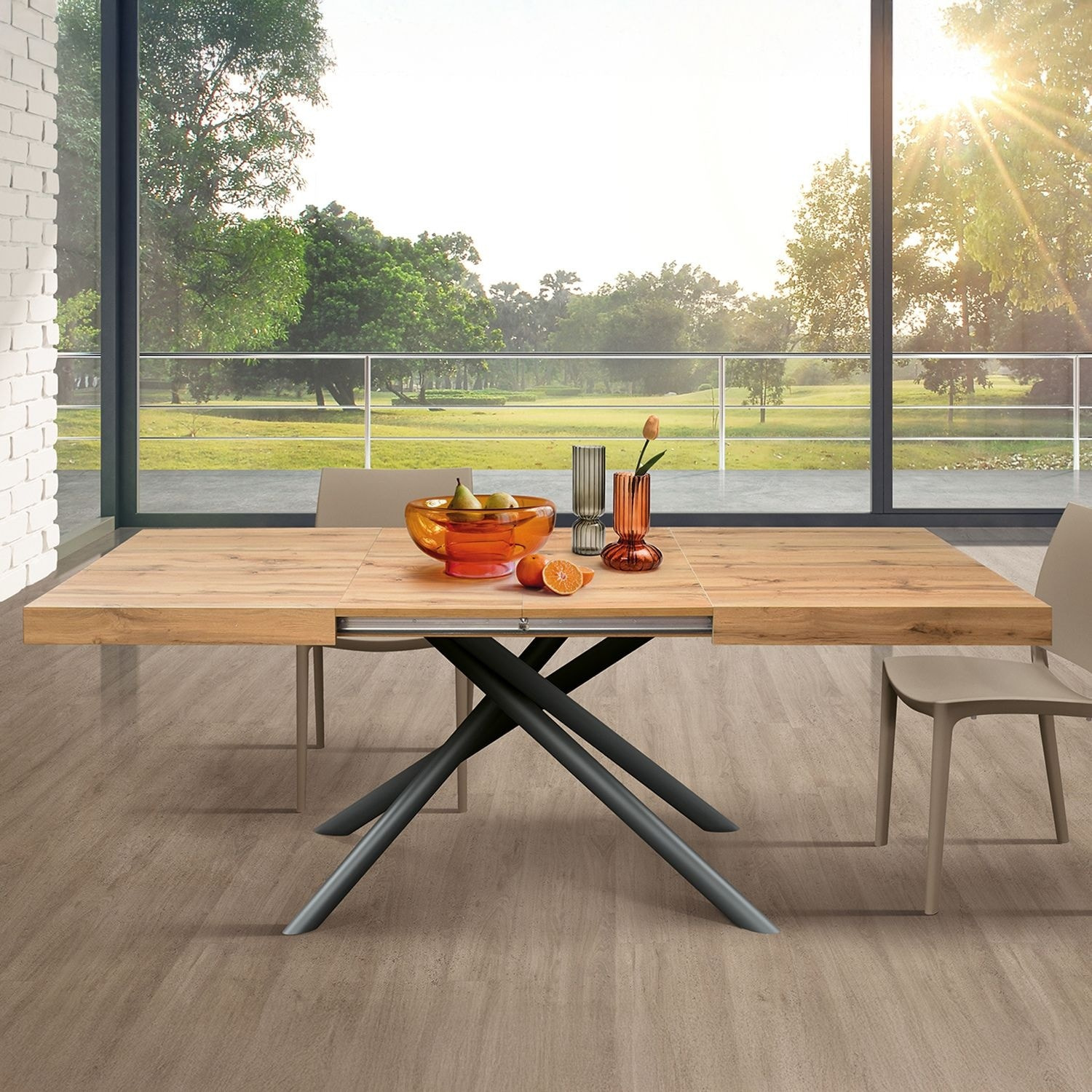 Tavolo CARRARA in legno, finitura rovere rustico e base in metallo verniciato antracite, allungabile 180×90 cm – 260×90 cm