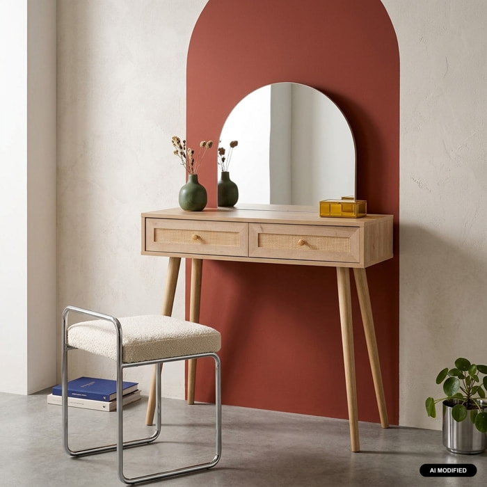 Coiffeuse décor bois et cannage miroir arrondi 2 tiroirs BOHÈME