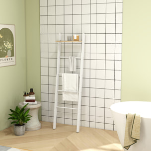 Toallero Escalera con Estante Superior y 4 Barras, Toallero de Baño para Apoyar en Pared, Estantería de Escalera Inclinada, para Dormitorio, Salón, 43x20x151 cm, Blanco y Roble