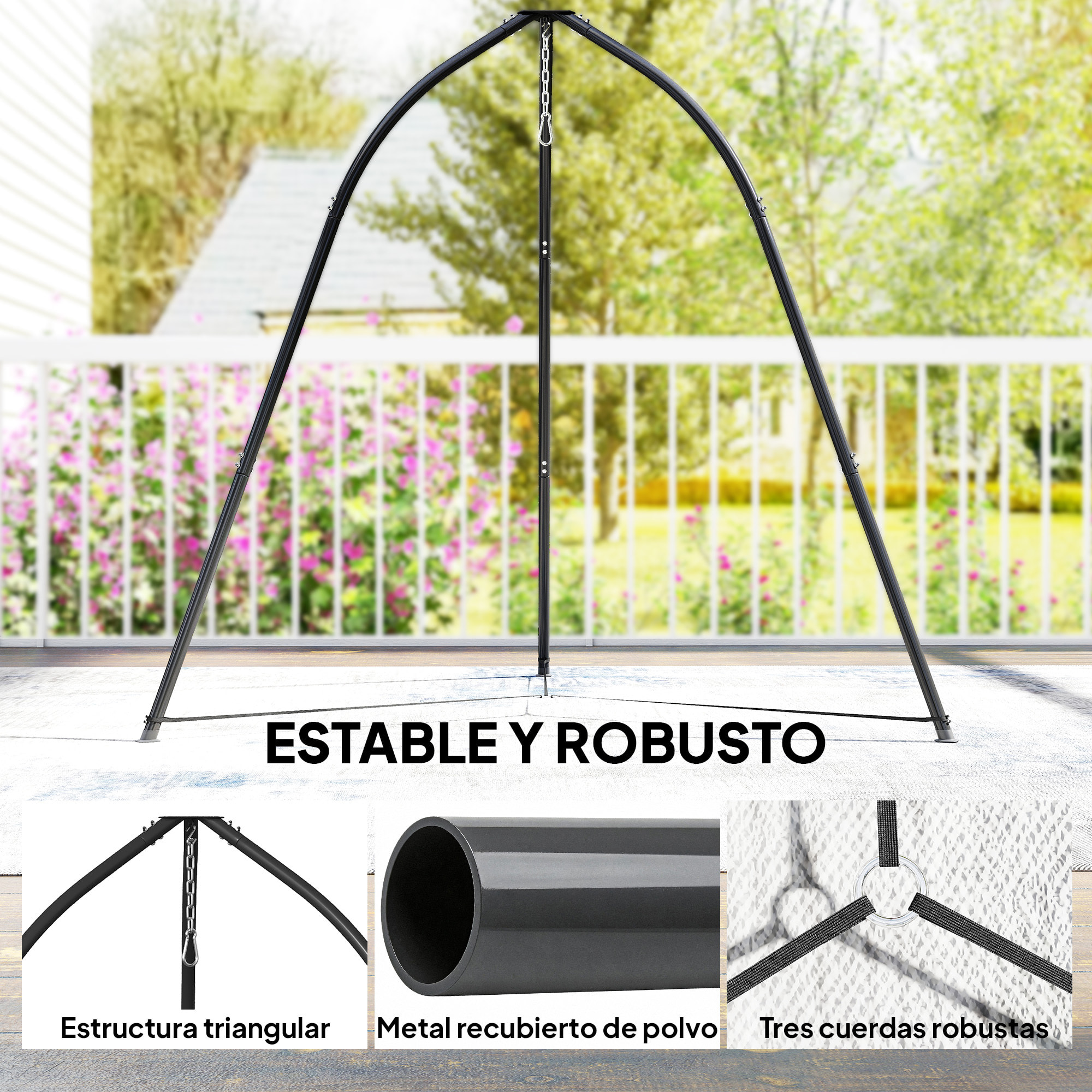 Soporte para Silla Colgante Triangular Altura 210 cm, con Cadena Ajustable, Base Estable, Resistente a la Intemperie, Estructura de Silla Colgante para Patio, Jardín, Carga 150 kg, Negro