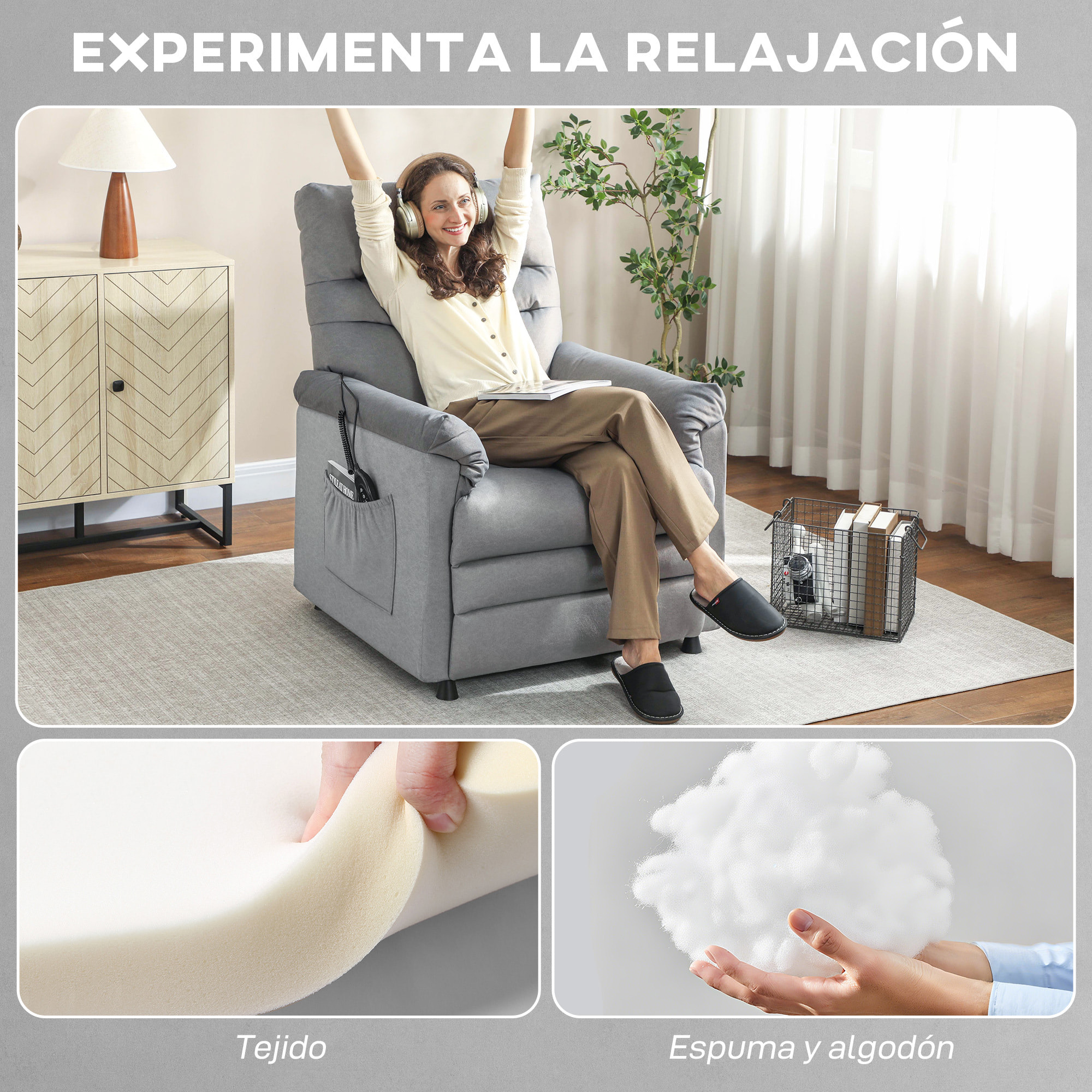 Sillón Relax Reclinable Eléctrico, con Calor Lumbar y Masaje Vibración, Sillón Masaje Relax, Motor Silencioso, Función de Memoria, Bolsillos, Control Remoto con USB, Tejido Pet-friendly, Gris